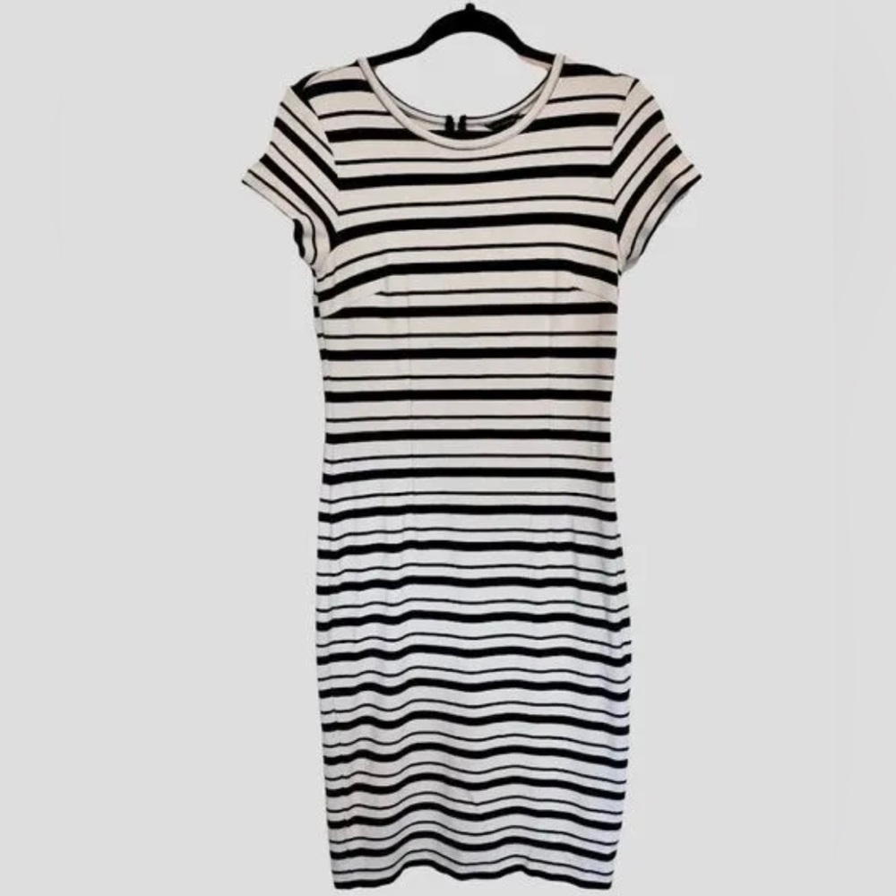 Ann Taylor Ponte Knit Short Sleeve Midi Dress Ivory Black striped, size small